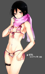 Rule 34 | 1girl, adjusting scarf, bare arms, bare shoulders, bikini, black hair, blush, breasts, brown eyes, cameltoe, closed mouth, clothing cutout, copyright request, cowboy shot, front-tie bikini top, front-tie top, grey background, highres, long hair, looking at viewer, micro bikini, pink bikini, pink scarf, scarf, shiny skin, side-tie bikini bottom, simple background, solo, standing, swimsuit, thigh strap, translation request, tsukasa (evening-g-low), underboob, underboob cutout