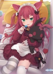 Rule 34 | 1girl, amashiro natsuki, animal ears, apron, asymmetrical legwear, black bow, bow, candy, collared dress, dress, eyebrows hidden by hair, fangs, food, frilled apron, frilled dress, frills, green eyes, hair between eyes, hair bow, hair ornament, hairclip, heart, highres, holding, holding candy, holding food, holding lollipop, hugging object, indoors, lollipop, long hair, long sleeves, looking at viewer, lying, maid headdress, on back, one side up, open mouth, original, pantyhose, pillow, red bow, red dress, red hair, single leg pantyhose, single thighhigh, sleeves past wrists, solo, striped clothes, striped pantyhose, striped thighhighs, stuffed animal, stuffed rabbit, stuffed toy, thighhighs, uneven legwear, very long hair, waist apron, white apron, white thighhighs