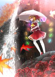 Rule 34 | 1girl, aru0607, ascot, blonde hair, blue sky, blurry, depth of field, facing away, flandre scarlet, flower, glowing, hat, hat ribbon, highres, leaf, long sleeves, maple leaf, mary janes, mob cap, outdoors, parasol, parted lips, red eyes, ribbon, rock, shoes, short hair, side ponytail, skirt, skirt set, sky, solo, spider lily, standing on object, thighhighs, touhou, tree, umbrella, water, waterfall, white thighhighs, wide-eyed, wings