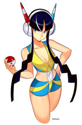 Rule 34 | 1girl, absurdres, asymmetrical hair, black hair, blonde hair, blue shorts, breasts, cleavage, creatures (company), elesa (pokemon), game freak, hand on own hip, highres, long hair, multicolored hair, nintendo, poke ball, poke ball (basic), pokemon, pokemon bw2, revealing clothes, shorts, small breasts, smgold, solo, streaked hair, white background, white hair