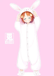 Rule 34 | 1girl, 2023, ^ ^, animal, animal costume, animal ears, animal hood, animal slippers, arms up, blush, brown hair, bunny slippers, chinese zodiac, closed eyes, commentary request, dog ears, facing viewer, fake animal ears, fang, grin, highres, hood, inuarashi, meiko (inuarashi), onesie, original, parted bangs, pink background, rabbit costume, rabbit ears, rabbit hood, shadow, simple background, slippers, smile, solo, white footwear, year of the rabbit