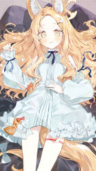 Rule 34 | 1girl, adapted costume, animal ears, blonde hair, blue archive, blue ribbon, bow, bright pupils, center frills, closed mouth, commentary request, detached sleeves, dress, flower, forehead, fox ears, fox girl, frills, gradient eyes, hair flower, hair ornament, hairclip, halo, highres, long hair, lying, multicolored eyes, neck ribbon, on back, orange bow, orange eyes, parted bangs, puffy sleeves, ribbon, ryoma (rym 369), seia (blue archive), smile, solo, tail, tail bow, tail ornament, thigh gap, thigh strap, very long hair, white bow, white dress, white flower, white pupils, yellow eyes