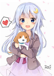 Rule 34 | 1girl, 1other, alternate costume, artist name, blue eyes, brown jacket, cowboy shot, crescent, crescent hair ornament, dog, dress, hair ornament, heart, jacket, kantai collection, looking at viewer, pink dress, purple hair, short hair, short hair with long locks, smile, sou (soutennkouchi), spoken heart, white background, yayoi (kancolle)