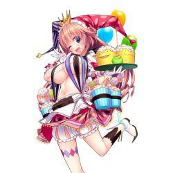 Rule 34 | 1girl, aqua eyes, breasts, chocolate love, food, giuniu, gloves, hand wave, hat, holding, jester cap, large breasts, leg lift, long hair, looking at viewer, multicolored clothes, multicolored hat, navel, one eye closed, open mouth, pink hair, polka dot headwear, popcorn, print skirt, skirt, solo, striped clothes, striped headwear, transparent background, tray, uchi no hime-sama ga ichiban kawaii, underboob