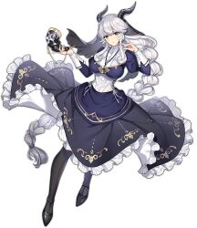Rule 34 | 1girl, ark order, black footwear, black pantyhose, black veil, blue dress, breasts, capricorn (ark order), dress, frilled dress, frills, full body, gold trim, green eyes, hatoyama itsuru, holding, holding instrument, horn (instrument), horns, instrument, jewelry, large breasts, long hair, looking at viewer, low-braided long hair, low-tied long hair, mole, mole under eye, necklace, official art, pantyhose, parted lips, shoes, solo, tachi-e, transparent background, veil, very long hair