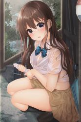 Rule 34 | 1girl, bag, black eyes, black socks, blush, bow, bra visible through clothes, brown footwear, brown hair, brown skirt, collared shirt, commentary request, full body, hair between eyes, hair ornament, hairclip, handbag, highres, kneehighs, long hair, looking at viewer, minato ojitan, open mouth, original, outdoors, parted lips, pleated skirt, puddle, school uniform, see-through, shirt, shoes, short sleeves, skirt, socks, solo, squatting, umbrella, uniform, wet, wet clothes, wet shirt, white shirt, wringing clothes