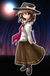 Rule 34 | 1girl, holding behind back, book, boots, bow, brown eyes, brown hair, brown skirt, fedora, female focus, full body, ghostly field club, hat, hat bow, holding, holding book, necktie, red necktie, ribbon trim, shirt, skirt, smile, solo, standing, touhou, usami renko, white shirt