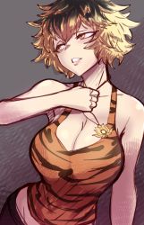 Rule 34 | 1girl, alternate costume, animal print, bare shoulders, blonde hair, breasts, brown hair, cleavage, grey background, highres, jewelry, large breasts, leopard print, looking to the side, necklace, nicecream, parted lips, short hair, simple background, solo, tiger print, toramaru shou, touhou, yellow eyes