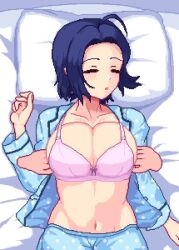 Rule 34 | 1boy, 1girl, animated, blue hair, bra, breasts, breasts squeezed together, closed eyes, cum, cum on body, cum on breasts, cum on hair, cum on upper body, facial, grabbing, grabbing another&#039;s breast, hetero, hothot148, idolmaster, large breasts, licking lips, lube, lube bottle, lying, miura azusa, naughty face, navel, nipples, on back, on bed, paizuri, pajamas, penis, pink bra, short hair, sleep molestation, sleeping, sleepwear, smile, straddling, straddling paizuri, tongue, tongue out, underwear, video