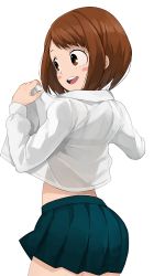 Rule 34 | 1girl, black bra, blue skirt, blush stickers, boku no hero academia, bra, bra visible through clothes, brown eyes, brown hair, commentary, from behind, highres, hiroki (yyqw7151), long sleeves, looking to the side, open clothes, open mouth, open shirt, round teeth, see-through, see-through shirt, shirt, short hair, simple background, skirt, solo, teeth, thighs, underwear, upper body, uraraka ochako, white background, white shirt