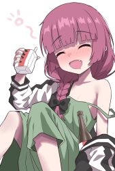 Rule 34 | 1girl, alcohol, bare shoulders, black nails, blue nails, blunt bangs, blush, bocchi the rock!, bow, braid, can, closed eyes, collarbone, commentary request, drunk, fang, halulu, highres, hiroi kikuri, holding, holding can, long hair, nail polish, off shoulder, open mouth, purple hair, shorts, simple background, sitting, solo, strap slip, white background