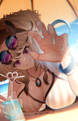 Rule 34 | 1girl, animal ear fluff, animal ears, arknights, bare shoulders, bikini, black-framed eyewear, blue nails, braid, breast press, breasts, brown hair, brown hat, cleavage, closed mouth, collarbone, crazy straw, cup, day, drink, drinking glass, drinking straw, eyewear on head, fingernails, hat, head tilt, highres, holding, holding cup, jewelry, large breasts, long fingernails, long hair, looking at viewer, lying, nail polish, necklace, nishitaka, official alternate costume, on ground, on stomach, outdoors, purple-tinted eyewear, purple eyes, round eyewear, slit pupils, smile, solo, straw hat, striped bikini, striped clothes, sunlight, swimsuit, tail, tinted eyewear, twin braids, utage (arknights), utage (summer flowers) (arknights), vertical-striped bikini, vertical-striped clothes, white bikini, wristband