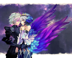 Rule 34 | 1boy, 1girl, armor, armored dress, bad id, bad pixiv id, bare shoulders, black armor, boots, couple, crown, detached sleeves, dress, elbow gloves, feather hair ornament, feathers, gloves, grey background, gwendolyn (odin sphere), hair ornament, hand on another&#039;s chest, hand on own chest, hetero, jewelry, multicolored wings, odin sphere, oswald, purple eyes, ring, short hair, strapless, strapless dress, thigh boots, thighhighs, touge78, vambraces, white hair, wings, yellow eyes