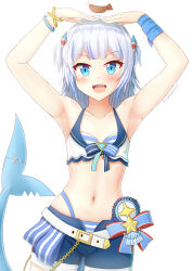 Rule 34 | 1girl, bikini, bikini under clothes, blue eyes, gawr gura, grey hair, highres, hololive, hololive english, hololive idol uniform, looking at viewer, multicolored hair, open mouth, prophosphere, sharp teeth, smile, solo, streaked hair, striped bikini, striped clothes, swimsuit, teeth, virtual youtuber