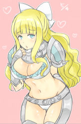 Rule 34 | 1girl, :o, aqua eyes, arm behind back, arm guards, armor, bikini armor, blonde hair, blunt bangs, blush, bow, breasts, charlotte (fire emblem), cleavage, eyebrows, female focus, fire emblem, fire emblem fates, gorget, hair bow, heart, large breasts, leaning forward, legs together, long hair, looking at viewer, navel, nintendo, parted lips, pauldrons, pink background, shiny skin, shougayaki (kabayaki 3), shoulder armor, sidelocks, solo, spikes, stomach, white bow
