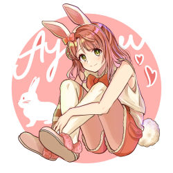 Rule 34 | 1girl, absurdres, animal ears, animal print, arm warmers, artist name, artist request, bare legs, bare shoulders, blush, bow, bowtie, braid, braided bun, breasts, buttons, cowboy shot, crescent moon, crescent moon symbol, cropped vest, detached sleeves, exciting animal (love live!), fake animal ears, female focus, full body, fur-trimmed shorts, fur trim, green eyes, hair bow, hair bun, hairband, hand on own knee, heart, highres, hood, hooded vest, hoodie, looking at viewer, love live!, love live! nijigasaki high school idol club, love live! school idol festival, love live! school idol festival all stars, moep315, moep (moep315), moon, orange hair, pants, parted lips, pink bow, pink footwear, pink shirt, pink slippers, rabbit ears, rabbit print, rabbit tail, red bow, red hair, red shorts, shirt, short hair, short pants, short shorts, shorts, side bun, single detached sleeve, single side bun, sitting, sleeveless, sleeveless hoodie, slippers, smile, solo, striped clothes, striped shirt, suspender shorts, suspenders, tail, uehara ayumu, vest, white hairband, white hoodie, white legwear, white vest, yellow eyes