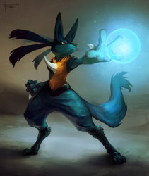 Rule 34 | 2013, aura, clenched hand, closed mouth, creatures (company), energy, energy ball, epic, fighting stance, full body, furry, game freak, gen 4 pokemon, glowing, gradient background, highres, lucario, nintendo, outstretched arm, pokemon, pokemon (creature), red eyes, signature, spikes, standing, thiago almeida