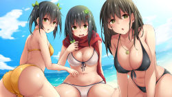 Rule 34 | 3girls, ass, beach, belly, bikini, black bikini, black hair, blue sky, breasts, cleavage, cloud, clover, clover hair ornament, collarbone, commentary request, cowboy shot, day, earrings, four-leaf clover, front-tie top, green eyes, hair ornament, highres, hitoi, horizon, jewelry, large breasts, long hair, looking at viewer, mature female, mother and daughter, multiple girls, natsume konoha, natsume minori, natsume nae, navel, necklace, ocean, original, red scarf, scarf, short hair, siblings, sisters, sky, stomach, swimsuit, white bikini, yellow bikini
