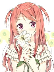 Rule 34 | 1girl, bare shoulders, blush, borrowed character, character name, colorized, covering own mouth, flower, frills, hair ornament, holding, holding flower, jewelry, kurumi (kantoku), leaf, lily (flower), long hair, looking at viewer, nail art, nail polish, necklace, original, pink eyes, red hair, sky-freedom, solo, two side up