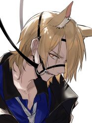 Rule 34 | 1boy, absurdres, animal ear fluff, animal ears, arknights, black jacket, blonde hair, blue shirt, bridle, collared shirt, commentary, glaring, highres, horse boy, horse ears, jacket, looking at viewer, male focus, mlynar (arknights), necktie, open mouth, pectoral cleavage, pectorals, shirt, short hair, simple background, solo, symbol-only commentary, white background, white necktie, yakota (usuk-yako), yellow eyes