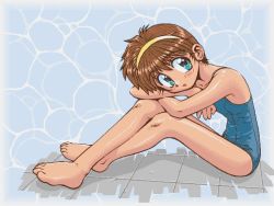 Rule 34 | 00s, 1girl, barefoot, blue eyes, brown hair, character request, copyright request, feet, female focus, hairband, kokekokko coma, looking at viewer, one-piece swimsuit, short hair, sitting, solo, swimsuit, water, yellow hairband