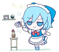 Rule 34 | 1girl, blue bow, blue dress, blue eyes, blue footwear, blue hair, bow, bowtie, character doll, cirno, collared shirt, doll, dress, dust, duster, flower, framed, fumo (doll), hair bow, hakurei reimu, long dress, maid, maid headdress, neck ribbon, no wings, photo (object), pinafore dress, puffy short sleeves, puffy sleeves, red bow, red bowtie, rei (tonbo0430), ribbon, shelf, shirt, short hair, short sleeves, simple background, sleeveless dress, smile, solo, sparkle, standing, standing on one leg, table, touhou, vase, white background, white shirt