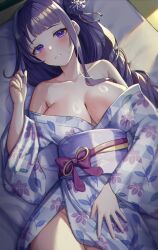 1girl bare_shoulders bed_sheet blush braid breasts cleavage commentary_request cowboy_shot genshin_impact hair_ornament hand_up highres japanese_clothes kimono large_breasts long_hair looking_at_viewer lying mikoto_(0709mikoto) obi off_shoulder on_back purple_eyes purple_hair purple_kimono raiden_shogun sash solo very_long_hair