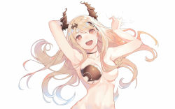 Rule 34 | 10s, 1girl, :d, adapted costume, arm behind head, armor, armpits, arms up, bed sheet, blonde hair, breastplate, breasts, choker, collarbone, dark angel olivia, empty eyes, haekwon1023, hair between eyes, hair ornament, hair over breasts, halloween, highres, hip bones, horns, long hair, looking at viewer, medium breasts, navel, on bed, one breast out, open mouth, red eyes, shade, sheet grab, shingeki no bahamut, simple background, slit pupils, smile, solo, stomach, upper body, white background, wings