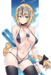 Rule 34 | 1girl, ahoge, arm between breasts, asa (teng zi), bad id, bad pixiv id, baseball, baseball bat, bat (animal), between breasts, black bow, black thighhighs, blonde hair, blue one-piece swimsuit, blue sky, blue slingshot swimsuit, blush, bow, braid, breasts, closed mouth, cloud, cloudy sky, collarbone, covered erect nipples, cowboy shot, day, fate/apocrypha, fate (series), hair between eyes, hair bow, hand on own chest, headpiece, highres, holding, holding weapon, jeanne d&#039;arc (fate), jeanne d&#039;arc (ruler) (fate), large breasts, long hair, navel, one-piece swimsuit, outdoors, purple eyes, scrunchie, single braid, sky, slingshot swimsuit, solo, striped clothes, striped scrunchie, swimsuit, thighhighs, tsurime, very long hair, weapon, wrist scrunchie