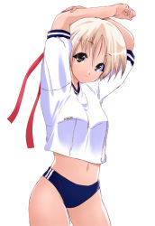 Rule 34 | 1girl, arms up, artist request, blonde hair, bloomers, blue buruma, breasts, brown eyes, buruma, character request, gym uniform, looking at viewer, medium breasts, midriff, navel, shirt, short hair, short sleeves, solo, stretching, underwear, white background, white shirt