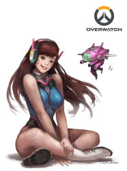 Rule 34 | 10s, 1girl, 2016, adapted costume, animal print, bodysuit, boots, breasts, brown eyes, brown hair, copyright name, crossed legs, d.va (overwatch), dated, emblem, facepaint, facial mark, full body, gloves, grin, head tilt, headphones, highres, image sample, indian style, jpeg artifacts, kim eul bong, leotard, lips, long hair, looking at viewer, mecha, medium breasts, meka (overwatch), nose, overwatch, overwatch 1, pink lips, rabbit print, ribbed bodysuit, robot, shoulder pads, simple background, sitting, skin tight, smile, solo, swept bangs, v arms, whisker markings, white background, white footwear, white gloves