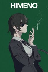 Rule 34 | 1girl, absurdres, aoi (altea0923), black hair, black jacket, black necktie, breasts, chainsaw man, character name, cigarette, collared shirt, commentary request, eyepatch, formal, from side, green background, hand up, highres, himeno (chainsaw man), holding, holding cigarette, jacket, long sleeves, medium breasts, necktie, open clothes, open jacket, open mouth, profile, shirt, short hair, simple background, smoke, smoking, solo, standing, suit, upper body, white shirt