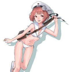 Rule 34 | 10s, 1girl, :d, anchor, bad id, bad twitter id, beret, bikini, bow, breasts, brown eyes, brown hair, cancell, character name, cleavage, clothes writing, hair bow, hat, kantai collection, looking at viewer, navel, open mouth, sailor bikini, sailor collar, sandals, short hair, silhouette, simple background, small breasts, smile, smiley face, solo, striped, striped bow, swimsuit, teeth, white background, white bikini, white hat, z3 max schultz (kancolle)