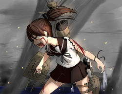 Rule 34 | adapted turret, black ribbon, blood, blood from mouth, blood on arm, blood on face, brown hair, brown sailor collar, brown skirt, burnt clothes, commentary request, glowing, glowing eyes, hair over eyes, hair ribbon, highres, kantai collection, long hair, machinery, open mouth, pleated skirt, ponytail, ribbon, rigging, sailor collar, school uniform, serafuku, shikinami (kancolle), short sleeves, skirt, smokestack, tiger (tiger-kimu), torpedo launcher
