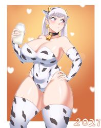 Rule 34 | 1girl, 2021, absurdres, animal costume, animal ears, bare shoulders, black clover, blush, bottle, breasts, cleavage, closed mouth, collar, cow ears, cow girl, curvy, earrings, grey hair, hand on own hip, highres, jewelry, large breasts, linkxs, milk bottle, neck bell, noelle silva, panties, purple eyes, thick thighs, thighhighs, thighs, underwear, wide hips