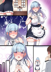 Rule 34 | 1girl, absurdres, ass, azur lane, blue hair, blush, breasts, clothing cutout, collar, crying, crying with eyes open, dido (azur lane), embarrassed, frilled collar, frills, hand on own chest, hands together, hands up, highres, indoors, large breasts, legs, lightning, long hair, looking at viewer, maid, nanohana, open mouth, pink eyes, sequential, sitting, skirt, sleeveless, standing, table, tears, thighhighs, thighs, underboob, underboob cutout, upper body, white thighhighs, window, zettai ryouiki