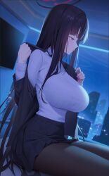 Rule 34 | 1girl, absurdres, aya (lezon), black hair, black jacket, black pantyhose, black skirt, blue archive, blush, breasts, commentary, halo, highres, jacket, large breasts, long hair, long sleeves, pantyhose, parted lips, purple eyes, rio (blue archive), sitting, skirt, sweater, thighs, turtleneck, turtleneck sweater, white sweater