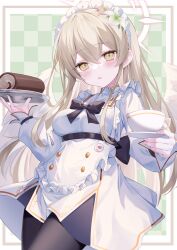 Rule 34 | 1girl, :o, absurdres, angel wings, apron, black bow, blonde hair, blue archive, blush, bow, bowtie, breasts, cake, capelet, checkered background, cowboy shot, cup, dress, feathered wings, flower, food, frilled apron, frills, gou 213, hair between eyes, hair flower, hair ornament, halo, highres, holding, holding cup, holding saucer, long hair, long sleeves, looking at viewer, maid, maid apron, maid headdress, medium breasts, nagisa (blue archive), open mouth, pantyhose, saucer, school uniform, serafuku, simple background, solo, swiss roll, teacup, white apron, white capelet, white dress, white serafuku, white wings, wings, yellow eyes