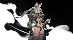Rule 34 | 1girl, absurdres, animal ear fluff, animal ears, armor, bare legs, bikini armor, black gloves, blue eyes, breasts, cleavage, cleavage cutout, closed mouth, clothing cutout, commentary, covered erect nipples, cowboy shot, english commentary, flower, fox ears, fox girl, fox tail, gloves, grey hair, grey tail, hair flower, hair ornament, highres, holding, holding sword, holding weapon, katana, lips, long hair, looking at viewer, looking to the side, medium breasts, original, pink lips, ponytail, rope, shimenawa, shoulder armor, sidelocks, single glove, solo, sword, tail, tassel, teapot, thigh strap, turtleneck, vambraces, weapon, white flower, wonbin lee