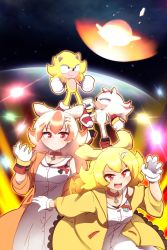 Rule 34 | 2boys, 2girls, akainu pony, animal ears, blonde hair, breasts, claw pose, dog ears, dog tail, dual persona, furry, furry male, gloves, highres, hololive, inugami korone, inugami korone (1st costume), jacket, multicolored hair, multiple boys, multiple girls, red eyes, red hair, shadow the hedgehog, sonic (series), sonic adventure 2, sonic the hedgehog, super shadow, super sonic, tail, two-tone hair, virtual youtuber, white gloves, white hair, yellow jacket