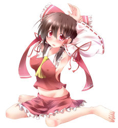 Rule 34 | 1girl, :o, absurdres, arm garter, armpits, arms behind head, arms up, ascot, bare shoulders, barefoot, between breasts, black hair, blush, bow, breasts, brown hair, covered erect nipples, detached sleeves, female focus, frilled ribbon, frilled skirt, frills, full body, groin, hair between eyes, hair bow, hair ornament, hair tubes, hakurei reimu, highres, hip focus, hiro (pqtks113), holding own wrist, japanese clothes, long hair, looking at viewer, medium breasts, midriff, miko, no bra, open mouth, puffy sleeves, red eyes, red shirt, red skirt, red theme, ribbon, shiny clothes, shiny skin, shirt, sideboob, simple background, sitting, skirt, skirt set, solo, teeth, touhou, wariza, white background, wing collar