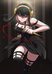Rule 34 | 1girl, absurdres, backlighting, black dress, black hair, black thighhighs, blood, bloody weapon, breasts, cleavage, closed mouth, dagger, dress, dual wielding, earrings, floating hair, flower, gold earrings, gold hairband, hair flower, hair ornament, hairband, hallway, highres, holding, holding dagger, holding knife, holding weapon, incoming attack, jewelry, knife, large breasts, long hair, looking at viewer, nixinyue1105, off-shoulder dress, off shoulder, pov, red eyes, reverse grip, rose, short hair with long locks, sidelocks, solo, spy x family, standing, standing on one leg, stiletto (weapon), thighhighs, thighs, weapon, yor briar, zettai ryouiki