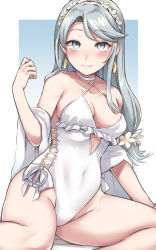 Rule 34 | 1girl, absurdres, blush, breasts, closed mouth, collarbone, feet out of frame, flower, grey hair, groin, hair flower, hair ornament, highres, kantai collection, kiritto, long hair, looking at viewer, medium breasts, official alternate costume, one-piece swimsuit, purple eyes, sagiri (kancolle), sitting, smile, solo, swimsuit, white flower, white one-piece swimsuit, yokozuwari