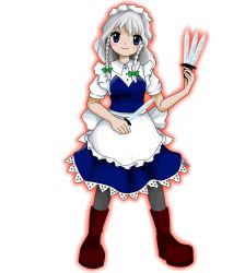Rule 34 | 1girl, apron, blue dress, blue eyes, boots, bow, braid, brown footwear, buttons, dress, frilled dress, frills, green bow, grey leggings, highres, izayoi sakuya, kaisouou konbu, knife, leggings, looking at viewer, maid, maid apron, maid headdress, medium hair, pantyhose, short sleeves, silver hair, simple background, solo, touhou, twin braids, unconnected marketeers, waist apron, white background, zun (style)