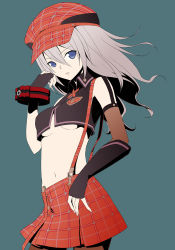 Rule 34 | 10s, 1girl, alisa ilinichina amiella, bad id, bad pixiv id, bare shoulders, black gloves, blue eyes, boots, cabbie hat, elbow gloves, fingerless gloves, gloves, god eater, god eater burst, hat, long hair, looking at viewer, mamoru (arizona), pantyhose, plaid, plaid skirt, skirt, solo, suspender skirt, suspenders, thigh boots, thighhighs, white hair
