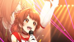 Rule 34 | 1girl, arm up, blush, brown hair, choker, display board, earrings, elbow gloves, gakuen idolmaster, gloves, half updo, hanami ume, highres, holding, holding microphone, idol, idol clothes, idolmaster, jewelry, laser, looking ahead, mee 0w0, microphone, red choker, smile, stage lights, sweat, the rolling riceball (idolmaster), upper body, white gloves