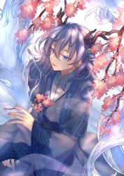 Rule 34 | 1boy, 2024, bishounen, blue eyes, braid, branch, cherry blossoms, dappled sunlight, dragon, dragon horns, earrings, eastern dragon, eyelashes, flower, hair between eyes, highres, horns, jewelry, long hair, looking at another, male focus, multiple braids, new year, original, parted lips, pink flower, purple hair, purple nails, solo, sunlight, upper body, yuiao