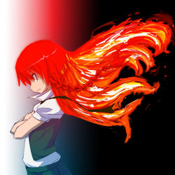 Rule 34 | braid, crossed arms, crossover, fiery hair, fire, hong meiling, nono (top wo nerae 2!), parody, red eyes, red hair, solo, top wo nerae 2!, touhou