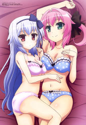 Rule 34 | 10s, 2girls, :|, absurdres, arm up, armpits, ass, asymmetrical docking, bare shoulders, bed sheet, between legs, black bow, blue bow, blue bra, blue hair, blue panties, blue ribbon, blush, bow, bow bra, bow panties, bra, breast press, breasts, cleavage, clenched hand, closed mouth, expressionless, female focus, flat ass, frilled bra, frilled panties, frills, from above, from side, green eyes, hair bow, hair intakes, hair ribbon, hairband, hand on another&#039;s stomach, hand on own chest, hand up, highres, indoors, kitamura tomoyuki, legs together, light smile, lingerie, long hair, looking at viewer, looking back, lying, madosoft, magazine scan, medium breasts, megami magazine, miyase mihiro, multiple girls, narumi toa, navel, non-web source, official art, on back, on bed, on side, panties, pink bra, pink hair, pink panties, polka dot, polka dot bra, polka dot panties, purple bra, purple panties, red eyes, ribbon, scan, shiny skin, short hair, short twintails, sidelocks, silver hair, skindentation, smile, spread legs, stomach, strapless, strapless bra, twintails, underwear, underwear only, wagamama high spec, yuri