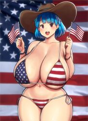 Rule 34 | 1girl, american flag, american flag bikini, bikini, blue hair, blush, bracelet, breasts, cleavage, collarbone, cowboy hat, cowboy shot, curvy, earrings, erkaz, female focus, flag print, fourth of july, groin, hat, highres, huge breasts, jewelry, looking at viewer, navel, open mouth, original, pink eyes, plump, rina atherina, short hair, solo, standing, swimsuit, thick thighs, thighs, veins, veiny breasts, wide hips